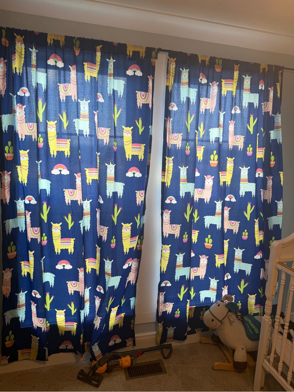 Whimsical Llama Print Window Curtains - Navy & Pastel